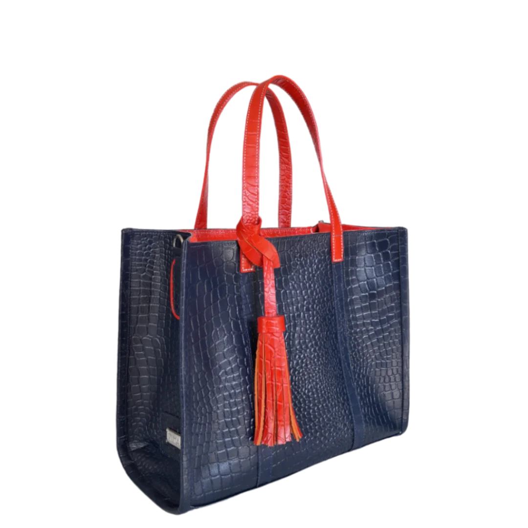 Greta Women's Handbag in Dark Blue with Reptile Print