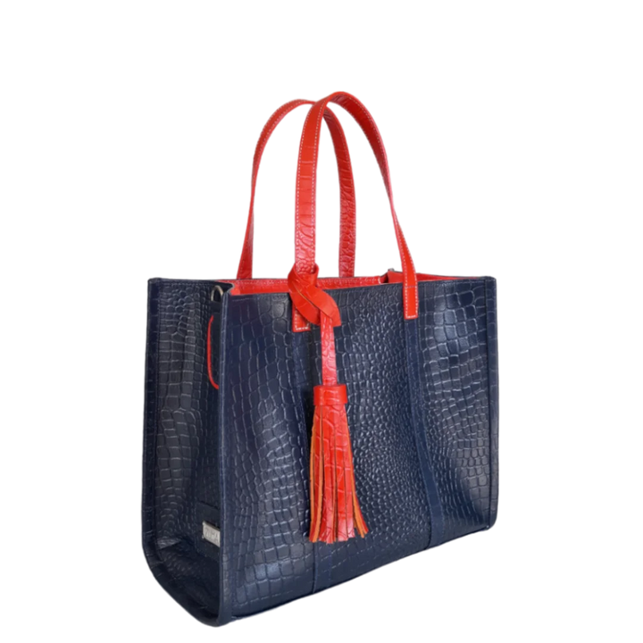 Greta Women's Handbag in Dark Blue with Reptile Print